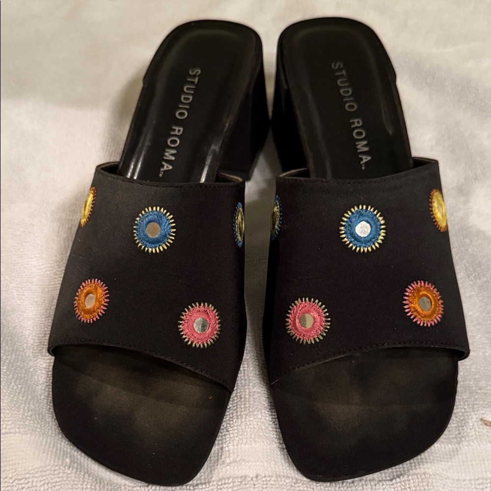 Black slip on sandals with colorful mirrored ornaments
